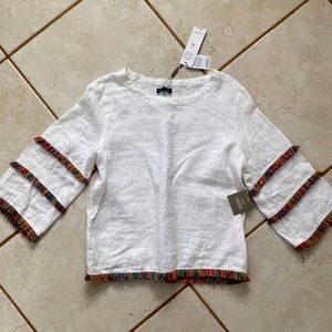 Women’s off white linen top blouse shirt PM colorful fringe boutique Cynthia